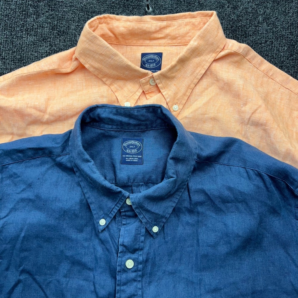 Brooks Brothers 2PK Irish Linen Shirts 2XLT Navy Peach Short Sleeve Button Down